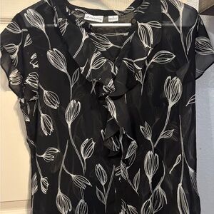 Liz Claiborne Black and White Ruffled Bib Collar Blouse